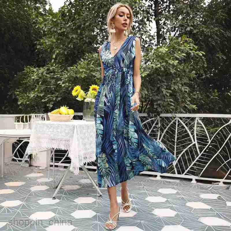 Basic Casual Dresses Women Dress Women's summer new print sexy V-neck sleeveless dress