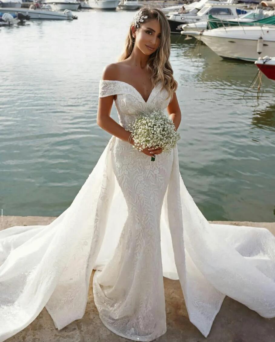 2024 Spring Mermaid Wedding Dresses With Detachable Train Off Shoulder Lace Appliques Bridal Gowns robes de mariee Bride Dresses 0627