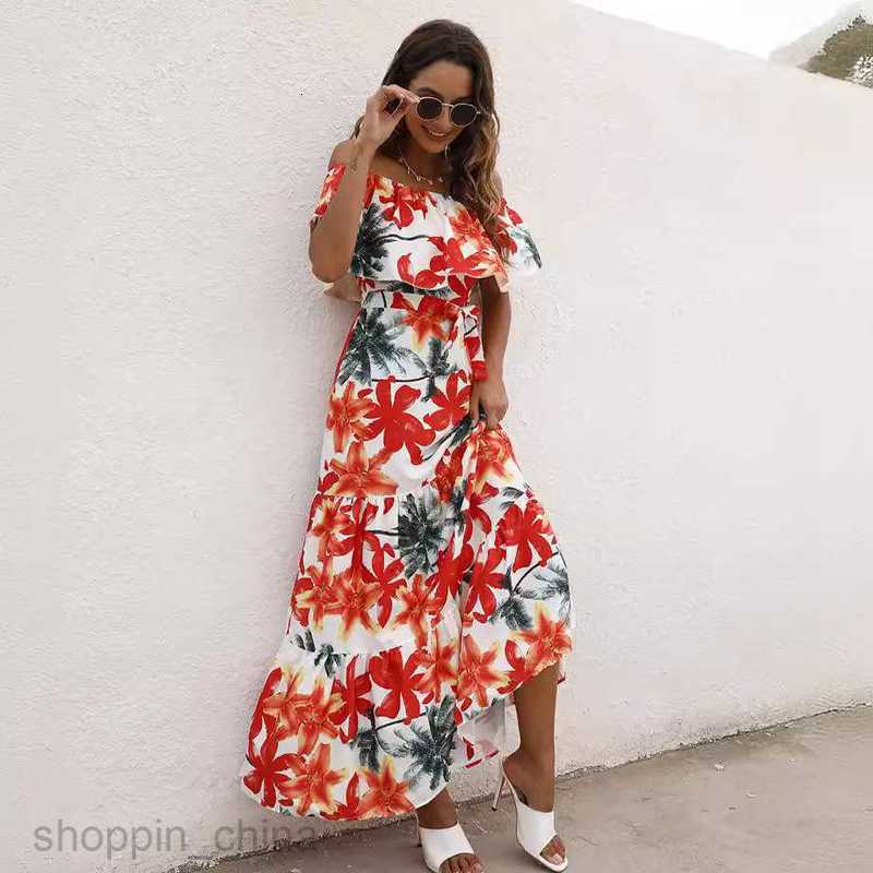 Basic Casual Dresses Women Dress Summer women's printed one neck Ruffle Dress