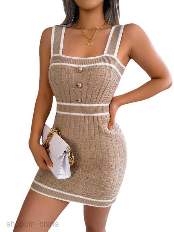 Women Casual Dresses fashion dress Spring/Summer Casual Square Neck Button Contrast Waist Knitted Wrapped Hip Skirt for Women