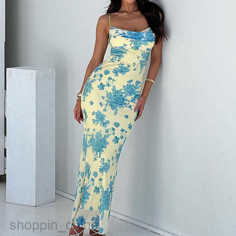 Basic Casual Dresses Women Summer New Style Tie up Long Skirt Fragmented Flower Slim Fit Bag Hip Print Pocket Neck Hanging Strap Dress Women's Cl