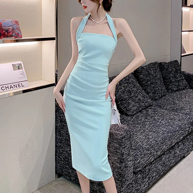Women Evening Banquet Sexy Halter Dress Lady Holiday Bodycon Backless Dresses Female Concise Colorful Birthday Ruched 240627