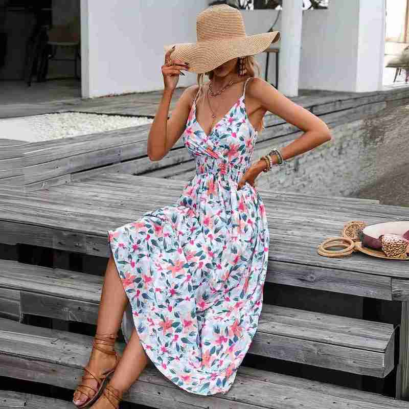 Basic Casual Dresses Women Dress Women's dress summer printed suspender V-neck waistband women's clothing