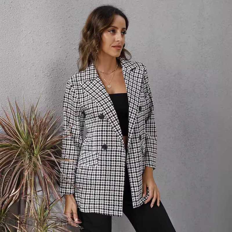 fashion Women Jackets Coats Autumn new women's thousand bird check Lapel long sleeve coat