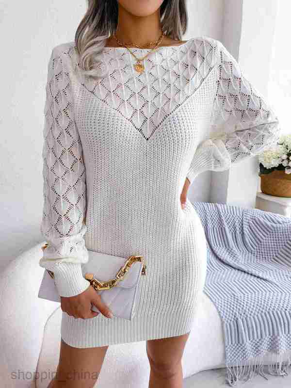 Women Casual Dresses fashion dress style autumn and winter fashion hollow out line neck long sleeve Pullover wool dress