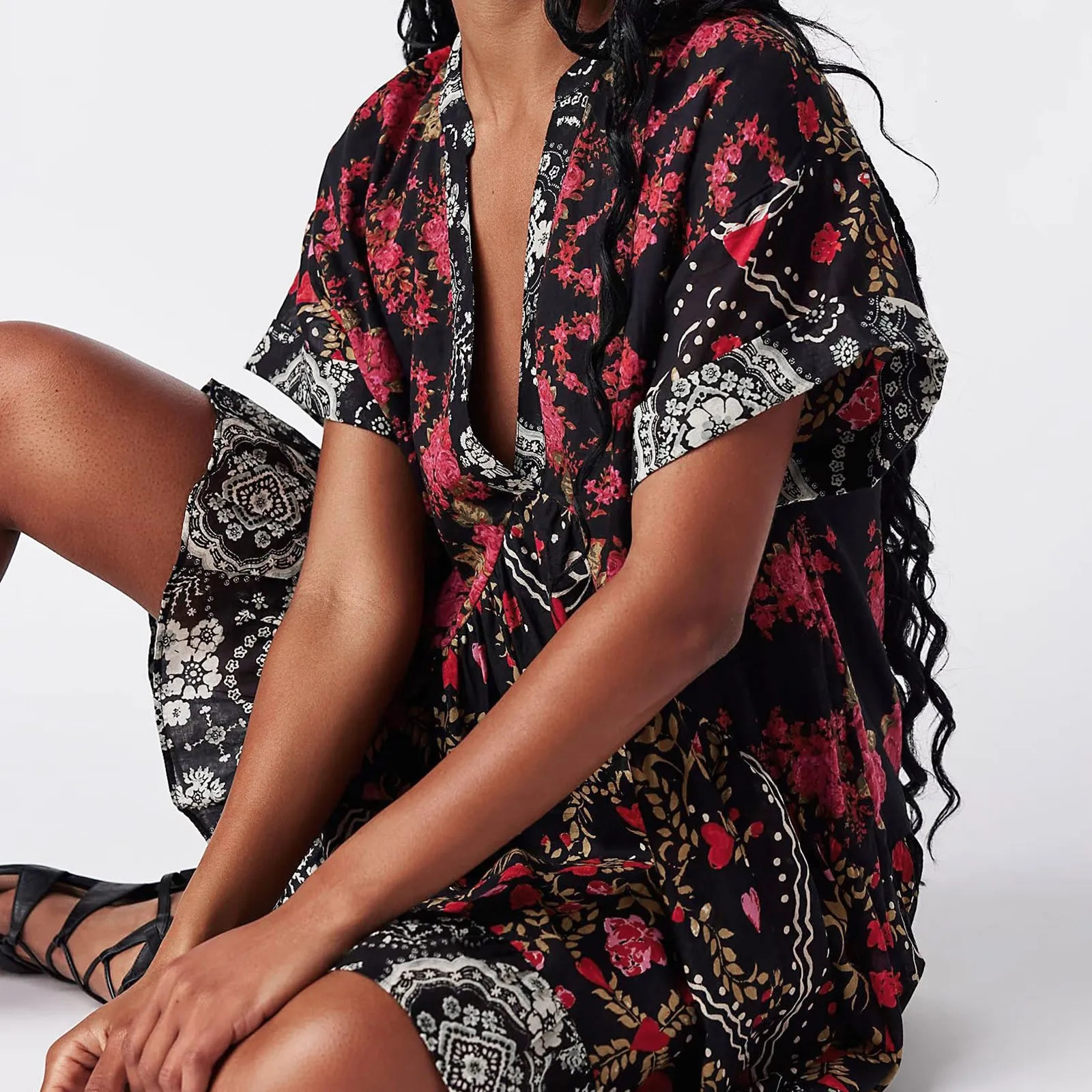 Fashion Summer Dresses Women Boho Flowy Dress Ruffle Mini Deep V Neck Casual Floral Vestidos Midi 240627