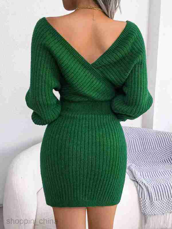 Women Casual Dresses fashion dress Autumn/Winter Sexy Cross V-Neck Bat Skirt Wrapped Hip Dress Woolen Dress Women's Wear