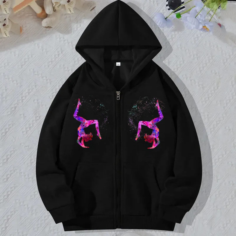 Black Zip Up Hoodie Long Sleeve Korean Hooded Sweatshirt for Women Watercolor Gymnastics Print Harajuku Sudaderas Mujer 240627