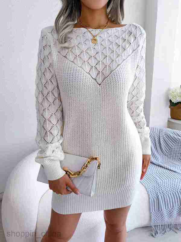 Women Casual Dresses fashion dress style autumn and winter fashion hollow out line neck long sleeve Pullover wool dress