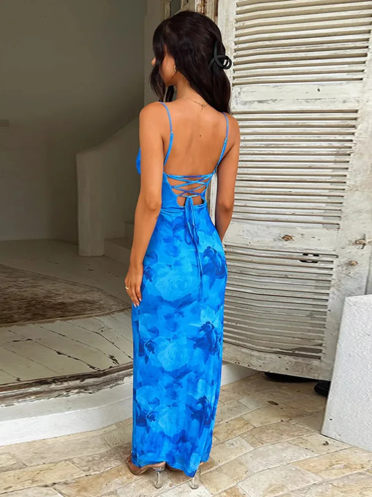 Mozision Spaghetti Strap Print Maxi Dress For Women Gown Summer Sleeveless Backless Bodycon Club Party Long Dress Fashion 240627