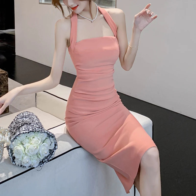 Women Evening Banquet Sexy Halter Dress Lady Holiday Bodycon Backless Dresses Female Concise Colorful Birthday Ruched 240627