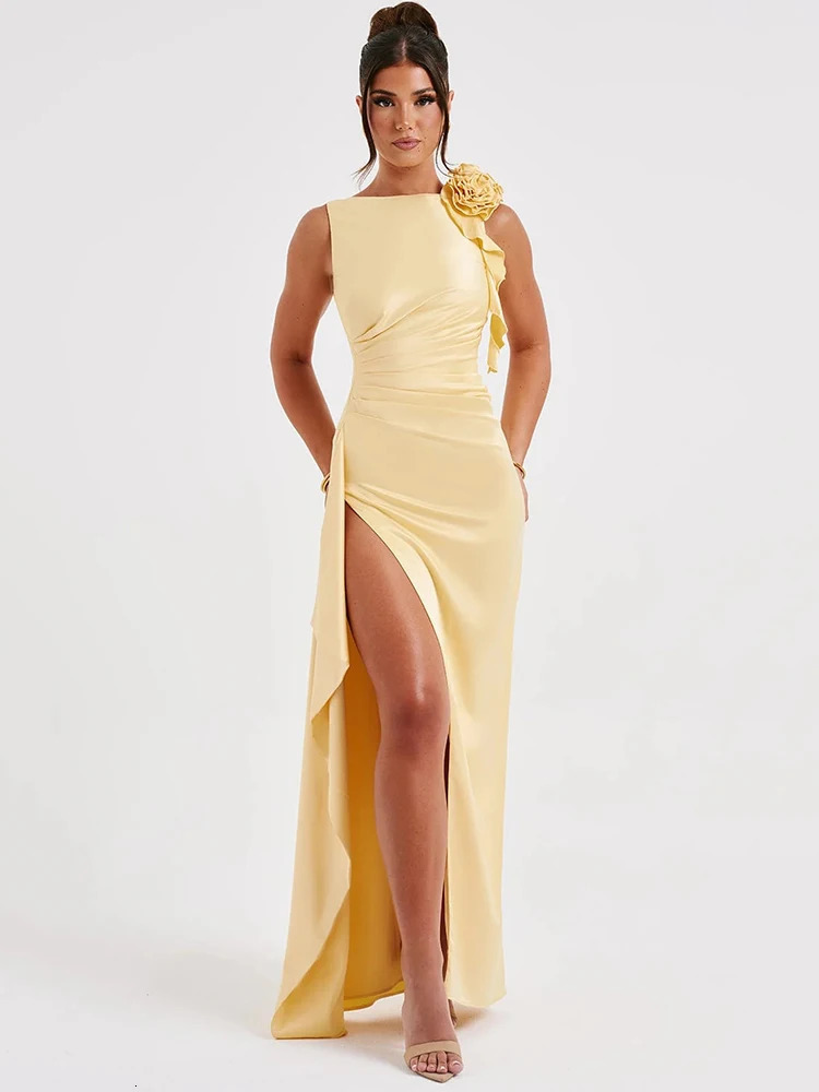 Mozision Backless Thigh High Split Sexy Maxi Dress For Women Fashion High Elastic Satin Sleeveless Bodycon Club Party Long Dress 240627