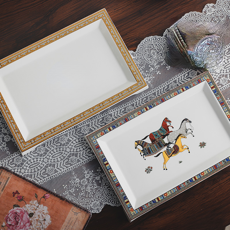 Square Plate European Creative Mosaic Edge Coffee Afternoon Tea Cutlery Tray Steak Western Dessert Ceramic Plate