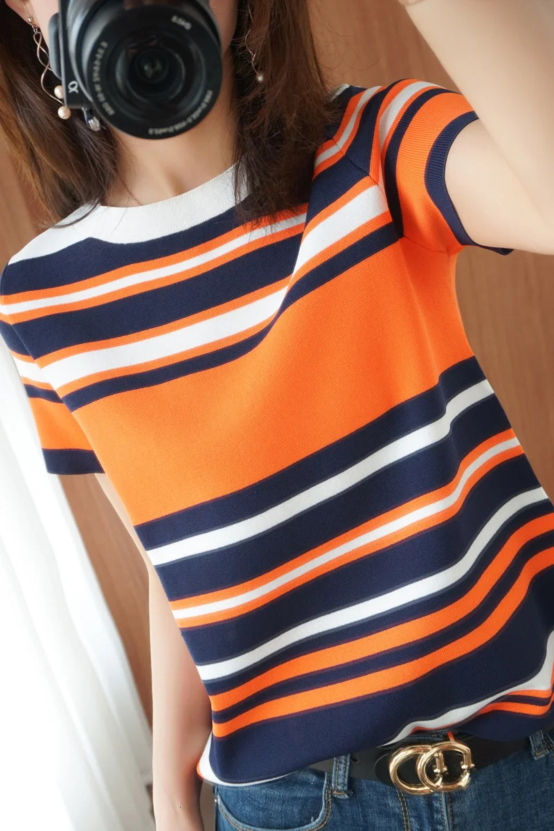 Summer Style Contrast Stripe Short Sleeve Tshirt Womens Round Neck Cotton Hemp Loose Thin Pure Outer Wear 240626Z