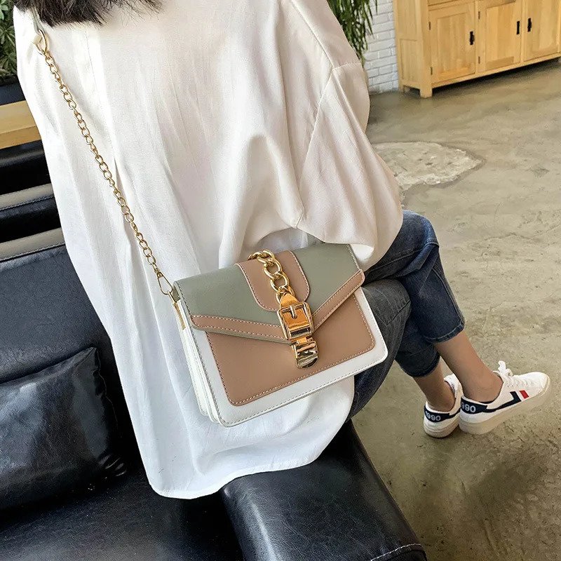 Fashion Women Chain Crossbody Bag Leisure Splice Small Square Shoulder Bag Luxury Design Messenger Bag Travel Purse and Handbag 240709