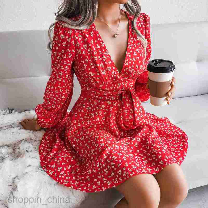 Women Casual Dresses fashion dress Spring/Summer Sexy V-neck Long sleeved Fragmented Chiffon Dress for Women