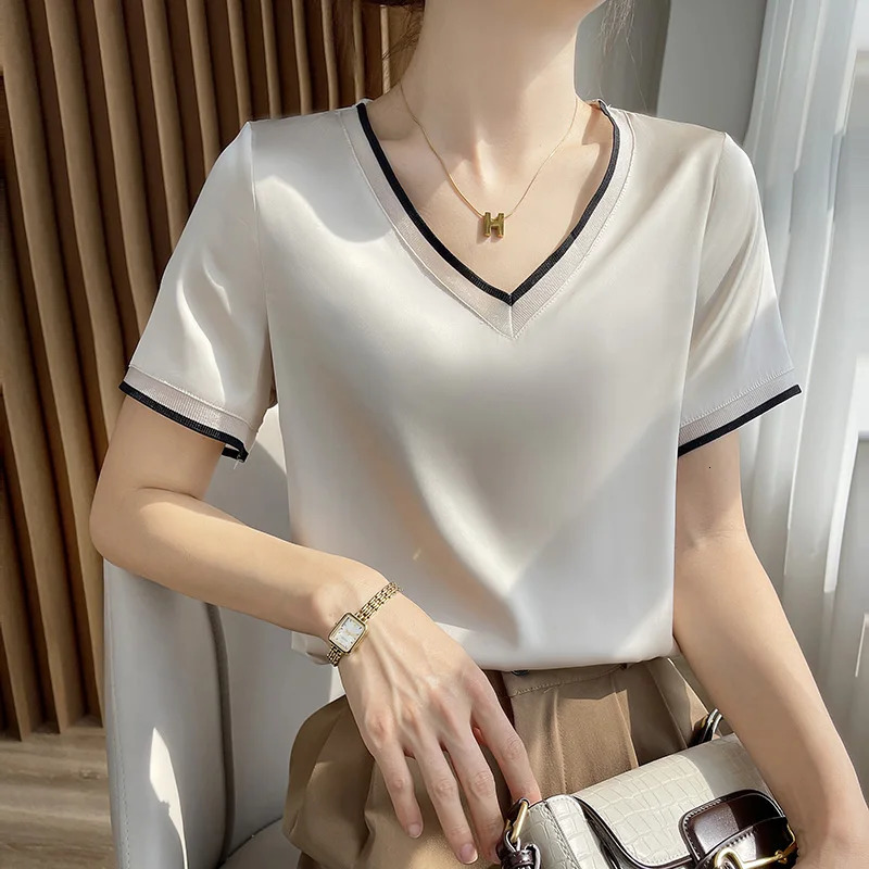 Acetic Satin Short Sleeve Tshirt Womens Mesh Vneck Summer Loose Contrast Silk Half Top 240617