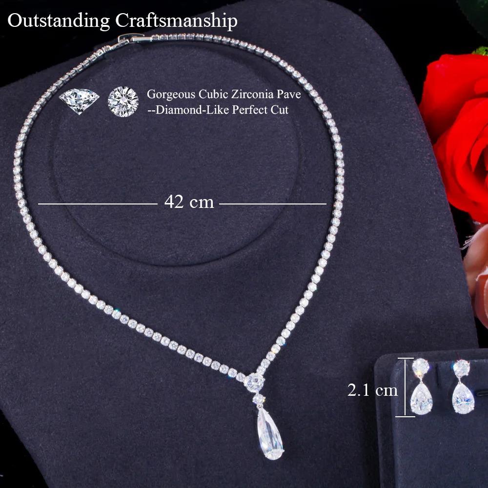 Pera Trendy Mystic Purple CZ Crystal Water Drop Pendant Necklace and Earrings Bridal Wedding Jewelry Sets for Brides Party J429 240627