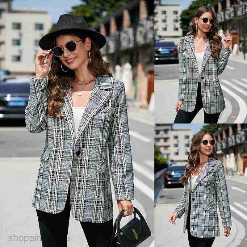 fashion Women Jackets Coats Women's autumn and winter plaid lapel medium long suit coat