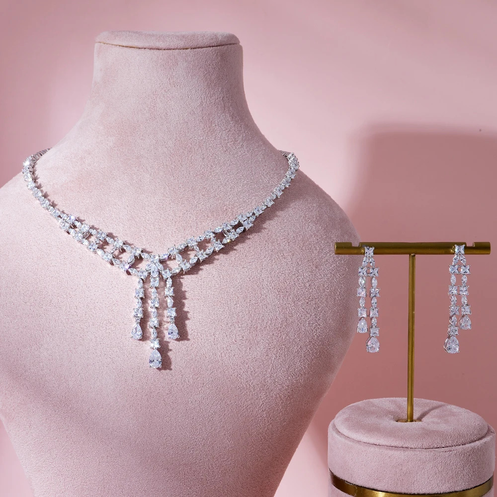 INJEWELIFE Tassel Pendant Necklace and Earrings For Womens Trendy Cubic Zirconia Jewelry Set Dubai Saudi Party Bridal Jewellery 240627