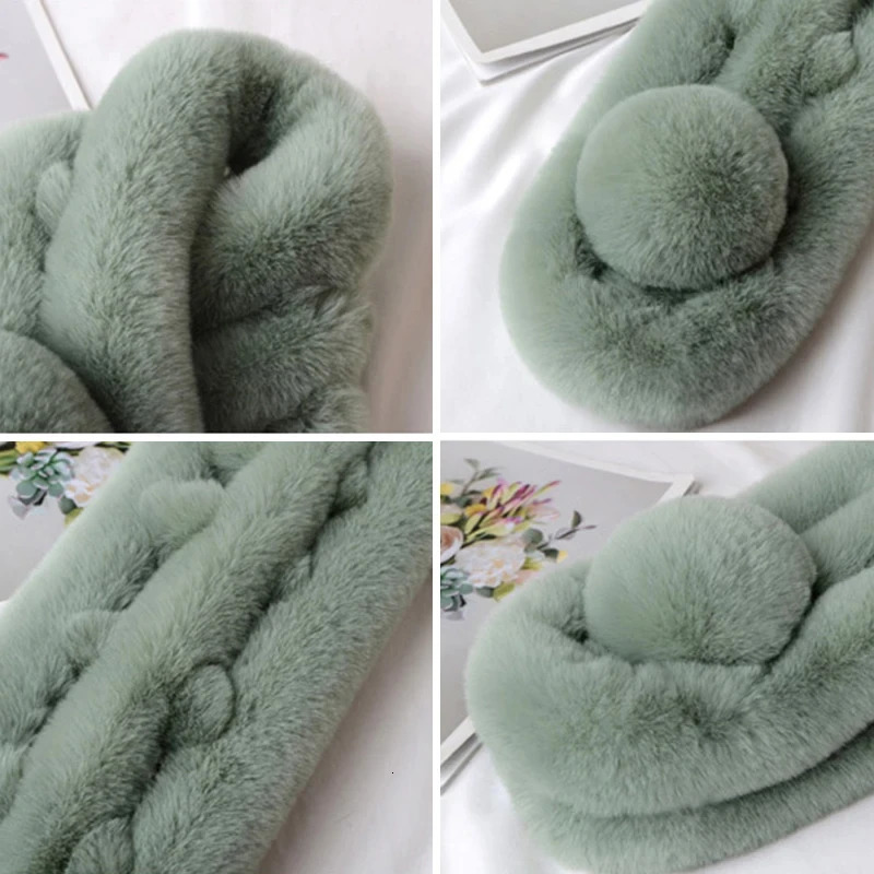 Autumn Winter Fur Rabbit Scarf Plush Thick Womens Cross Neck Warmer Collar Casual Female Lady Outdoor Furry Scarves 240626