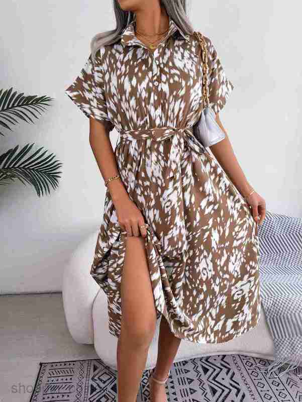 Women Casual Dresses fashion dress Spring/Summer Casual Loose Leopard Pattern Lace up Shirt Skirt for Women