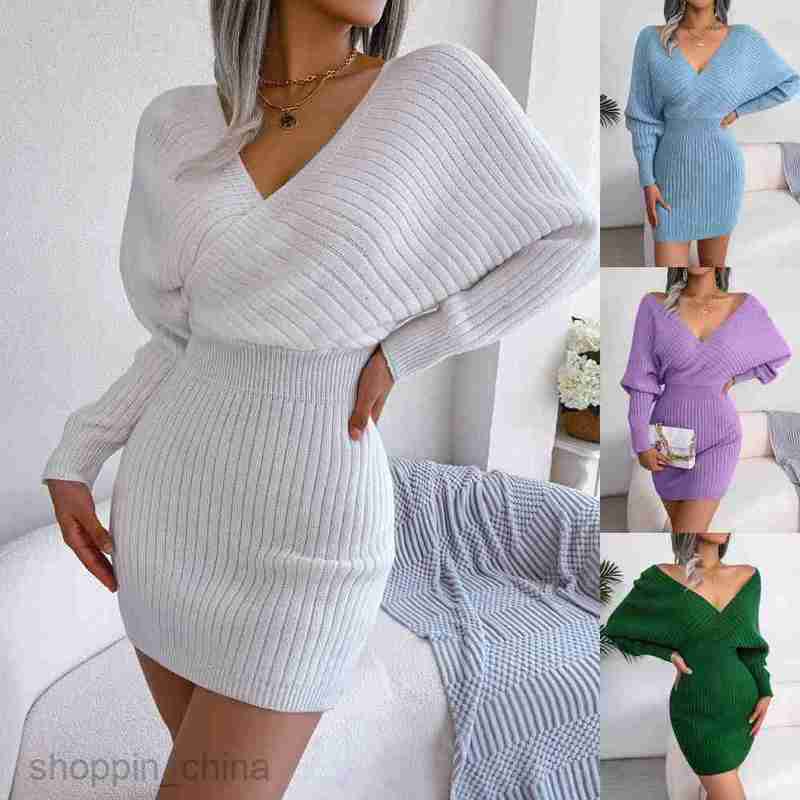 Women Casual Dresses fashion dress Autumn/Winter Sexy Cross V-Neck Bat Skirt Wrapped Hip Dress Woolen Dress Women's Wear
