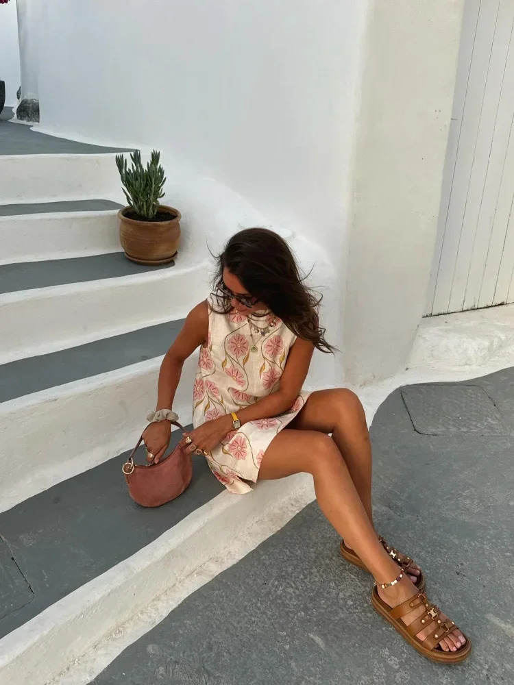 Elegant Flower Print Linen Split Mini Dress Women Fashion O Neck Sleeveless Short Dresses Summer Lady Holiday Robes 240627
