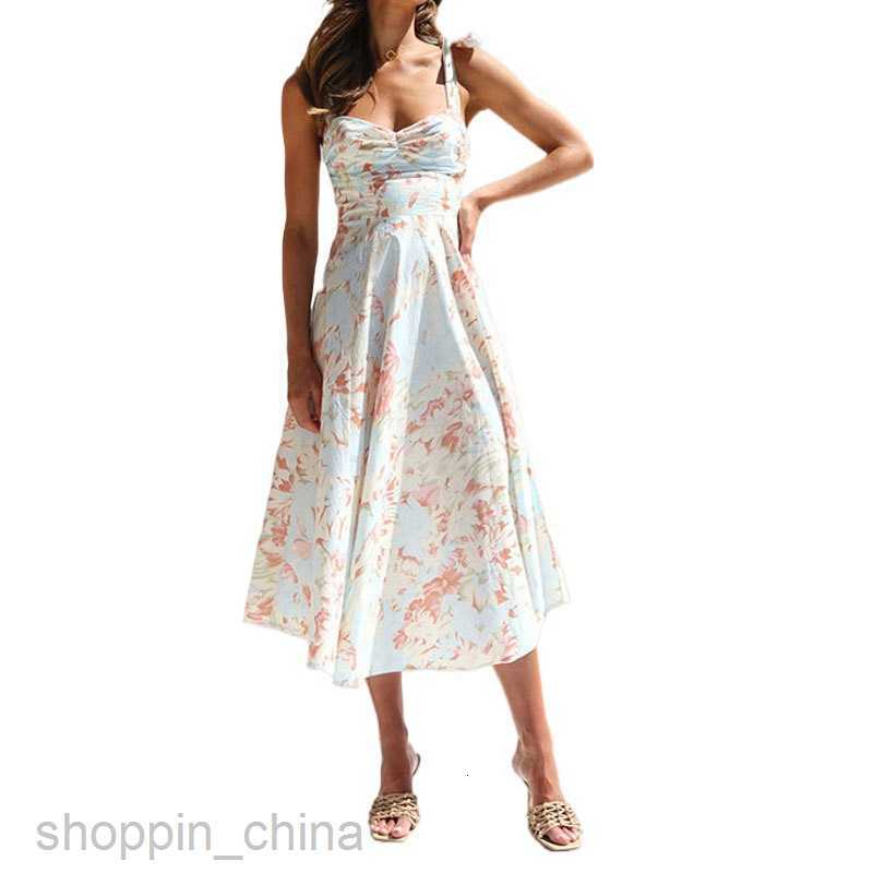 Basic Casual Dresses Women Summer Women's Slim Fit Slim Waist V-neck Hanging Strap Printed Mid length Dress for Woman