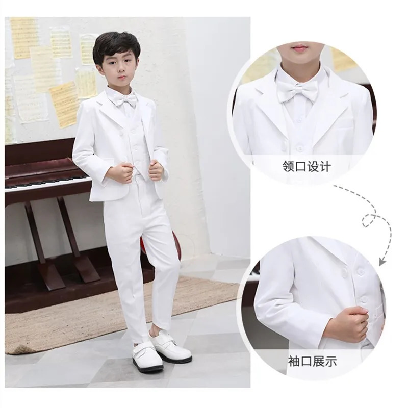 Boys White Baptism Blazer Clothing Set Flower Boys Performance Wedding Dress Prom Pography Suit Teens Children Vest Costume 240626
