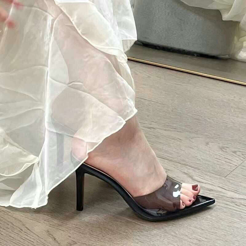 New Transparent One-Line Hgh Heels For Women Pointed Open Toe Sexy PVC Slippers Kq8