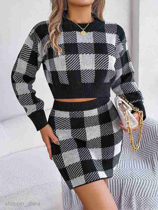 women Two Piece Dress Sets Autumn and winter casual contrasting plaid long sleeved exposed navel sweater with buttocks wrapped skirt set for women