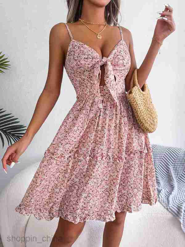 Women Casual Dresses fashion dress Spring and summer broken flower bow V-neck wood ear big swing Dress Holiday suspender skirt women's dress