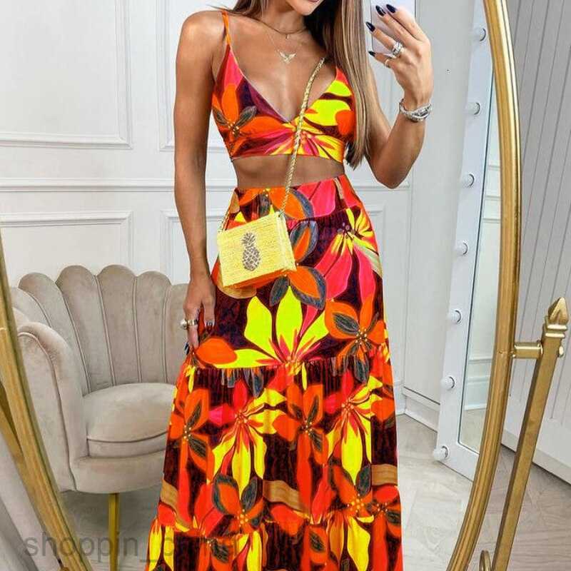 Basic Casual Dresses Women fashion Dress New Women's Summer Printed V-Neck Sling with Elegant Swing Long Dress Set 661