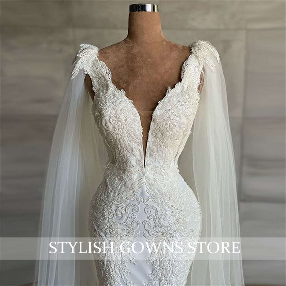 New Lace Wedding Dress Modest Bridal Gown With Cape Mermaid Women Party Gowns 0914