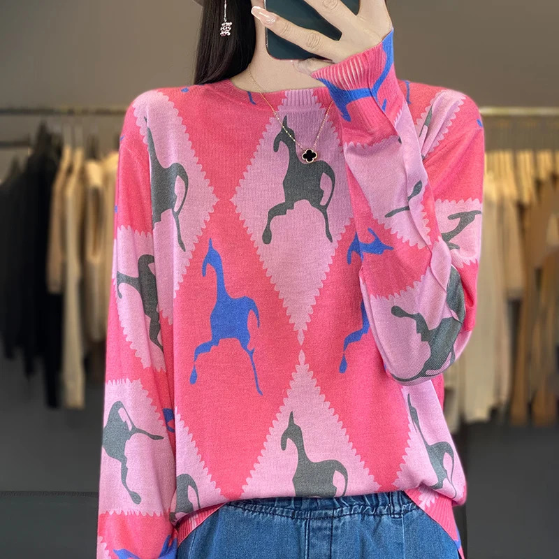 Spring and Autumn Womens Round Neck Thin Sweater Fashion Tshirt Top Worsted Wool Printed Long Sleeve Knitted Bottom Shirt 240626