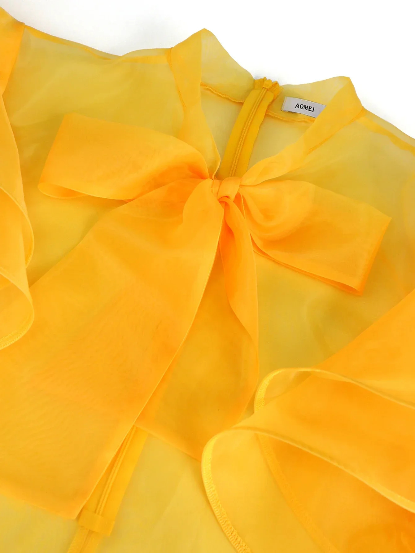 Trendy Yellow Blouse For Women Sheer Tulle Top See Through Bowtie Ruffles Trim Shirt Fashion Office Work Club Plus Size 4XL 240617
