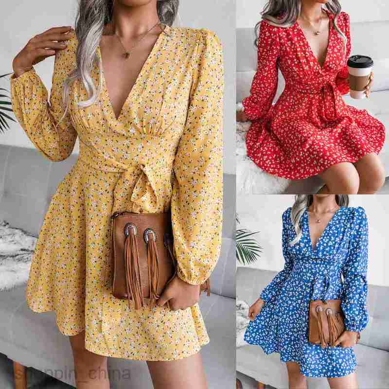 Women Casual Dresses fashion dress Spring/Summer Sexy V-neck Long sleeved Fragmented Chiffon Dress for Women