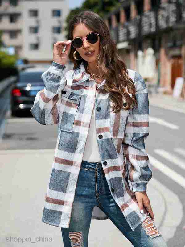 fashion Women Jackets Coats Women's autumn and winter street plaid lapel long woolen coat