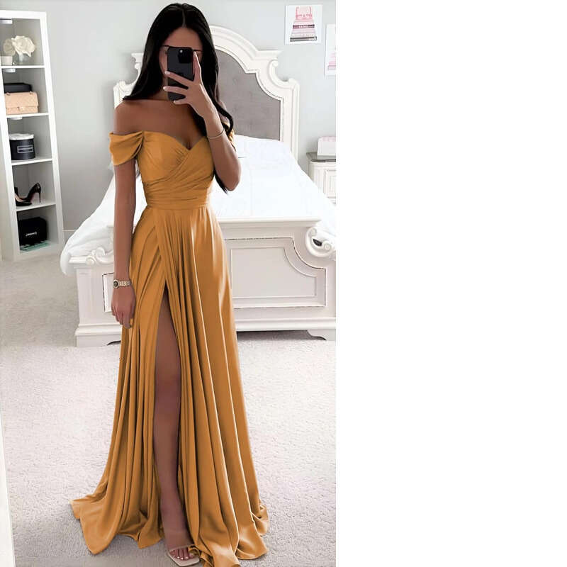 Or-Length Off-The-Shoulder Necke Gown Slit Lace Up Evening Dresses Woman Elegant Sleeveless