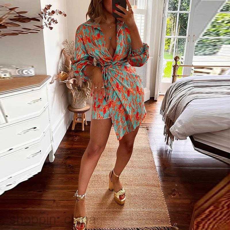 Basic Casual Dresses Women New Women's Fashion Elegant Print V-neck Lace up Short Sleeve Slim Fit Dress 661