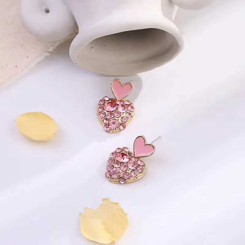Charm Pink Enamel Oil Crystal Rhinestones Heart Drop Earrings for Women New Fashion Cute Sweet Love Party Girls Gift Jewelry pendiente