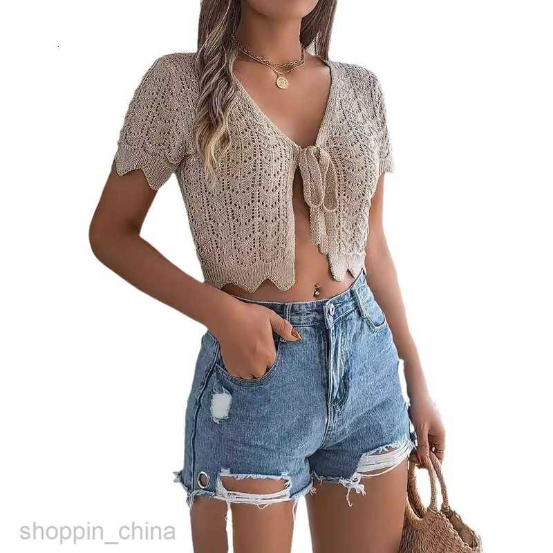 Women's T Shirt Summer Lace up Hollow Short Sleeve Knitted Cardigan Holiday Naked Sun Protection Shirt Women's Wear tees