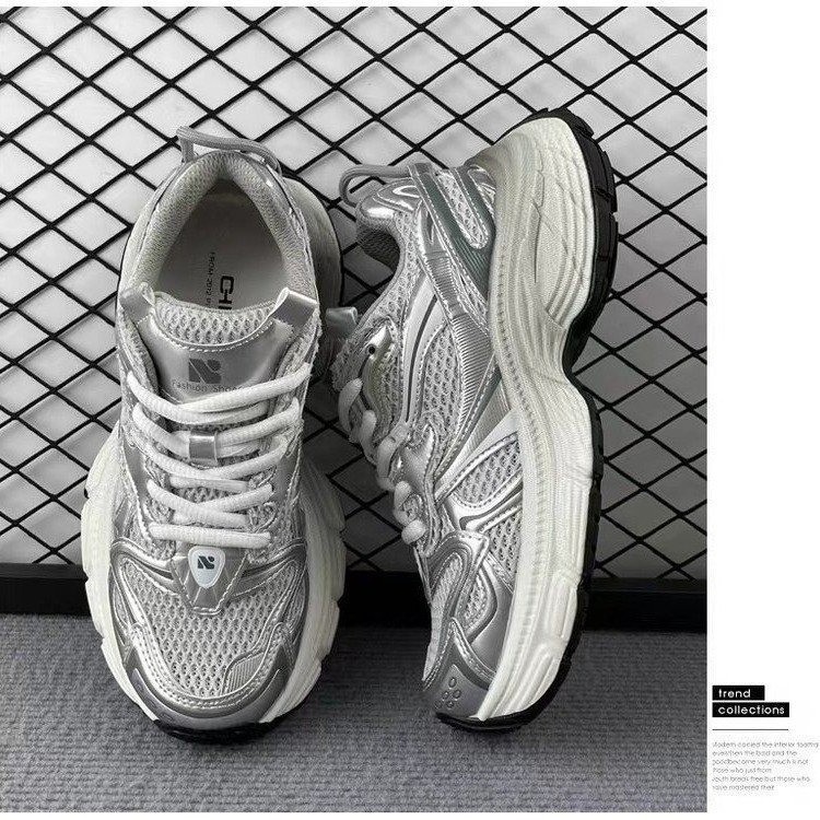 Daddy shoes female ins tide 2024 new spring and summer thick bottom sneakers mesh show feet small shoes silver casual shoes 232
