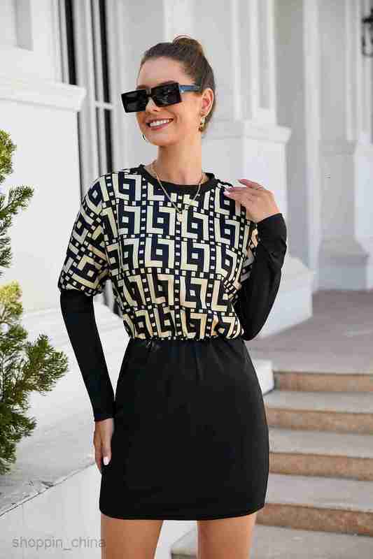 Basic Casual Women Dresses Women's Summer Splicing Slim Fit Wrap Hip Long Sleeve Dress