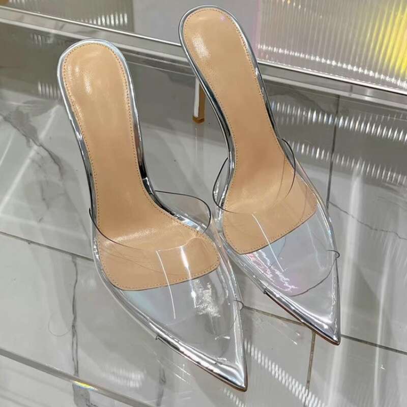 New Transparent One-Line Hgh Heels For Women Pointed Open Toe Sexy PVC Slippers Kq8