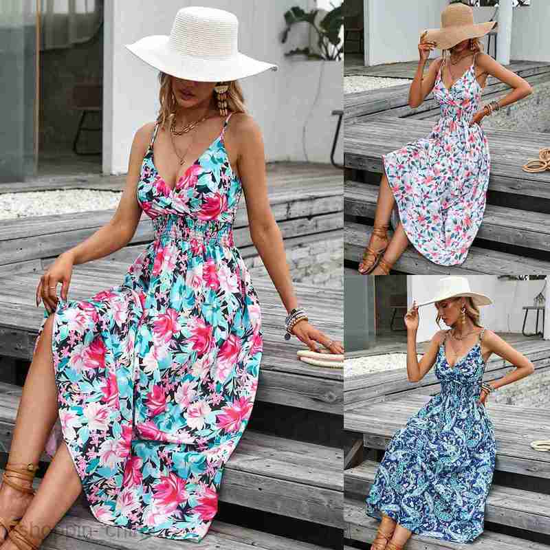 Basic Casual Dresses Women Dress Women's dress summer printed suspender V-neck waistband women's clothing