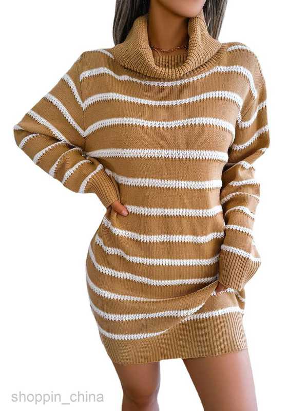 Women Casual Dresses fashion dress Autumn and winter casual high collar striped long sleeve bottomed wool dress for women