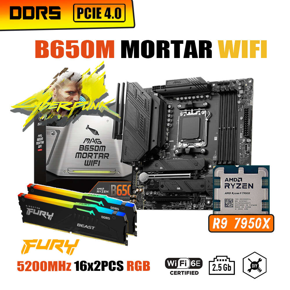 MSI MAG B650M MORTAR WIFI DDR5 Motherboard AM5 With AMD Ryzen 9 7950X Processor Kit Combo Fury 5200MHz DDR5 16G x2 RGB Memory
