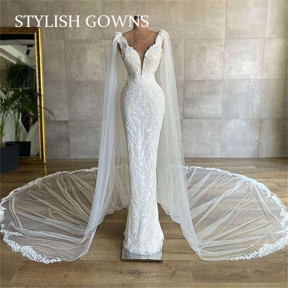 New Lace Wedding Dress Modest Bridal Gown With Cape Mermaid Women Party Gowns 0914